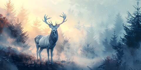 Majestic Stag Standing Alert in the Misty Forest with Copy Space for Creative Concepts and Imaginative Artwork