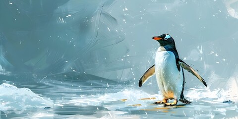 Fototapeta premium Charming Penguin Waddling Across the Icy Antarctic Landscape with Copy Space for Creative