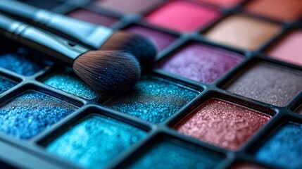 a close up of a makeup brush on top of a multicolored palette of eyeshades and eyeshades. - obrazy, fototapety, plakaty