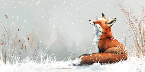 Fototapeta premium A Thoughtful Fox Resting Peacefully in the Snowy Wilderness Embodying the Beauty of Solitude and Resilience