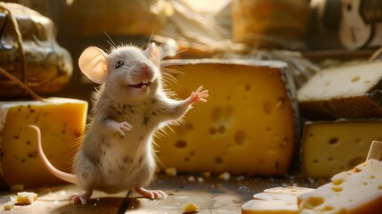 Delightful mouse standing amid cheese bounty, a joyful scene in warm tones. Perfect for illustration and culinary concepts. AI