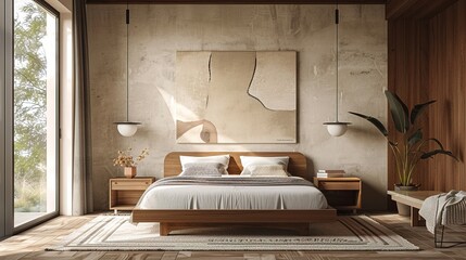 a minimalist mid-century bedroom with a low-profile platform bed, accentuated by clean lines, neutral tones, and a statement wall featuring abstract artwork