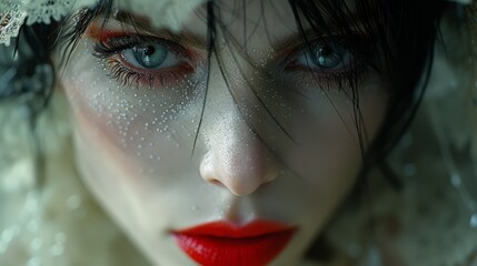 a close up of a woman's face with snow on her face and a red lipstick on her lips. - obrazy, fototapety, plakaty