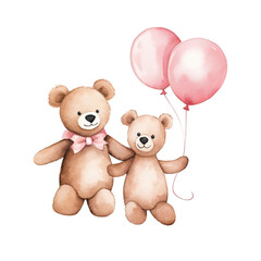 AI-generated watercolor cute Teddy bear with balloons clip art illustration. Isolated elements on a white background.