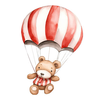 recommend clip art: AI-generated watercolor cute Teddy bear on a parachute flying clip art illustration. Isolated elements on a white background.