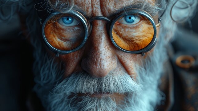 a close up of an old man with a pair of eyeglasses on his face and a white beard.