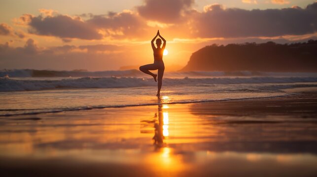 girl doing yoga on the ocean at sunset. female figure silhouette against the background of the sunny golden color of the setting sun stands on the waves on the beach in a pose - Powered by Adobe