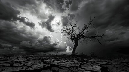 A dramatic black and white image capturing a solitary tree and a lightning bolt, set against the tumultuous sky over cracked desert land. - obrazy, fototapety, plakaty