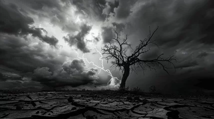 Foto op Plexiglas A dramatic black and white image capturing a solitary tree and a lightning bolt, set against the tumultuous sky over cracked desert land. © doraclub