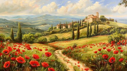Picturesque Tuscany vista adorned with delicate poppy flowers - obrazy, fototapety, plakaty