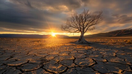 A radiant sunrise spills golden light over a leafless tree and the parched, cracked ground of a tranquil desert landscape. - obrazy, fototapety, plakaty