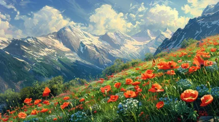 Fotobehang Spring mountainside blanketed with vibrant poppy flowers © Postproduction
