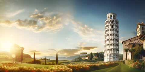 Discovering the Charm of 3D Rendering, Exploring the Leaning Tower of Pisa's Timeless Elegance on cloudy weather background - obrazy, fototapety, plakaty