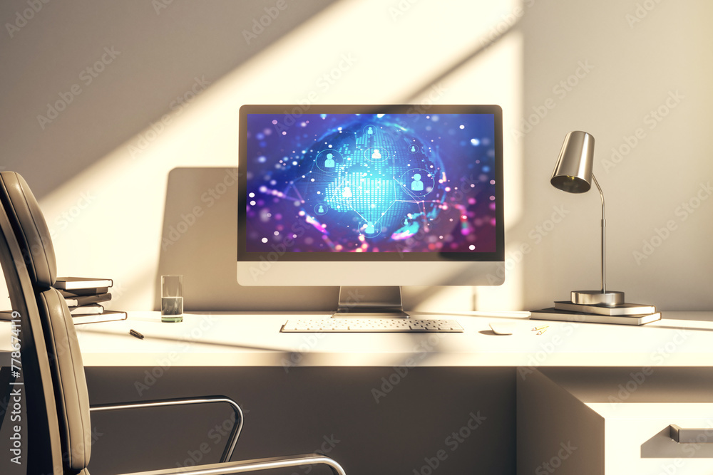 Poster Social network media concept with world map on modern computer monitor. 3D Rendering