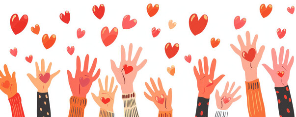 Many hands of different races holding red hearts above their heads.