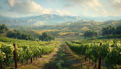 Vineyard Vista, Rows of grapevines stretching across rolling hills, showcasing the beauty and...