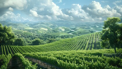 Vineyard Vista, Rows of grapevines stretching across rolling hills, showcasing the beauty and...