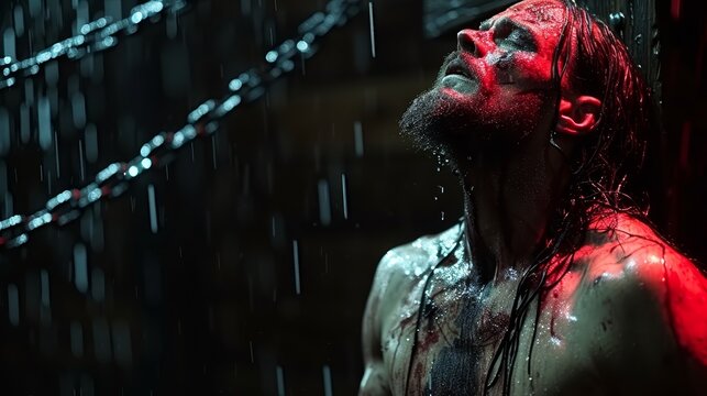a man with red paint on his face standing in the rain with a chain hanging from the ceiling behind him.