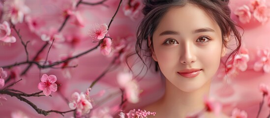 The concept of advertising cosmetics for facial care. A beautiful Asian girl is smiling against a background of cherry blossoms