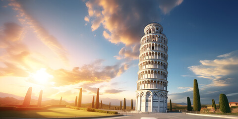 Clouds and Culture, A Relaxing Day in Italy's Tower of Pisa, Immersed in Digital Rendering Splendor on cloudy sky background - obrazy, fototapety, plakaty
