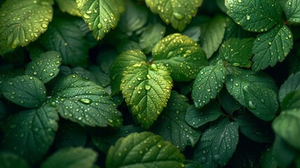 a group of green leaves with drops of water on them, with green leaves with drops of water on them. - obrazy, fototapety, plakaty