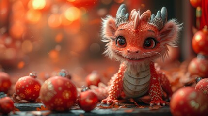 a close up of a stuffed animal on a table with christmas ornaments in the foreground and lights in the background.