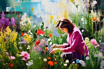 A woman lovingly tends to her garden, planting chives amidst a beautiful field of flowers in full bloom. - obrazy, fototapety, plakaty