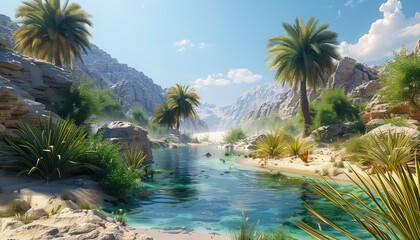 Oasis in the Desert, Lush vegetation surrounding a tranquil pool of water in the midst of a desert...