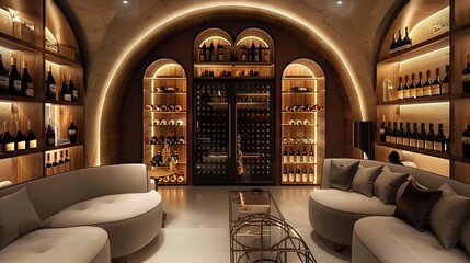 a sophisticated wine cellar with climate-controlled storage, tasting area, and mood lighting. - obrazy, fototapety, plakaty
