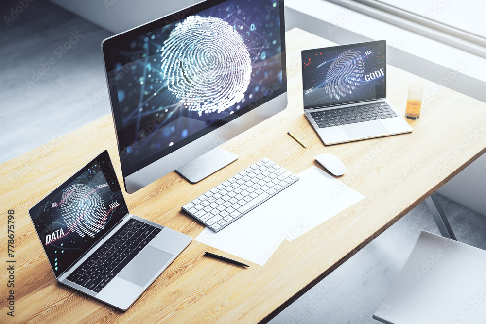 Aufkleber Computer monitor with abstract creative fingerprint illustration, personal biometric data concept. 3D Rendering