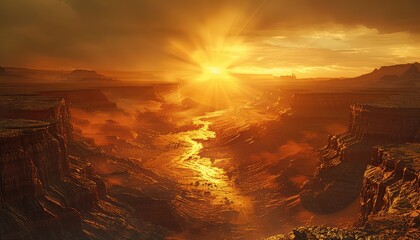 Canyon Sunrise, Warm light illuminating the depths of a canyon as the sun rises, showcasing the...