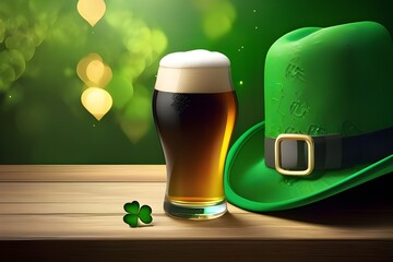 Beer and hat on wooden table with green shamrock - a creative St. Patrick's Day composition with glass of beer and lucky clover hat.
