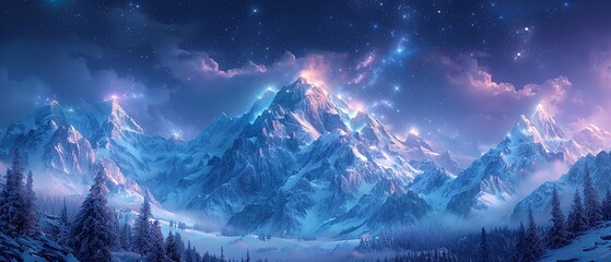 Snow capped mountains emitting a soft mystical light - obrazy, fototapety, plakaty