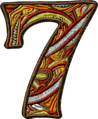 Embroidery patch of number '7' cut out on transparent background