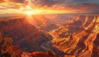 Canyon Sunrise, Warm light illuminating the depths of a canyon as the sun rises, showcasing the intricate layers and textures of the landscape