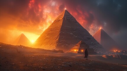 Fototapeta na wymiar a man standing in front of two pyramids in a desert at night with the sun shining through the clouds.