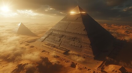 an artist's rendering of two pyramids in the desert with the sun shining through the clouds behind them.