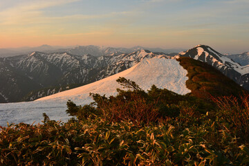 残雪の越後駒ケ岳山頂から望む朝の中ノ岳 - obrazy, fototapety, plakaty