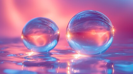 a couple of glass balls floating on top of a body of water in front of a pink and blue background.