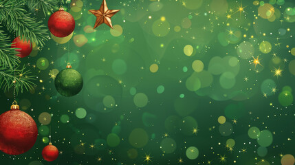 Vibrant Christmas ornaments like red baubles and a golden star amid bokeh light effects on a green backdrop