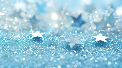 Blue Christmas background with snowflakes and ornaments, featuring water droplets, shiny decorations, and a wintry texture