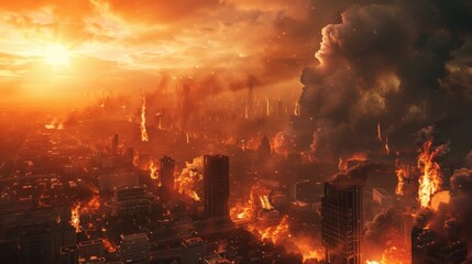 Cityscape engulfed in flames and smoke after a catastrophic nuclear detonation 