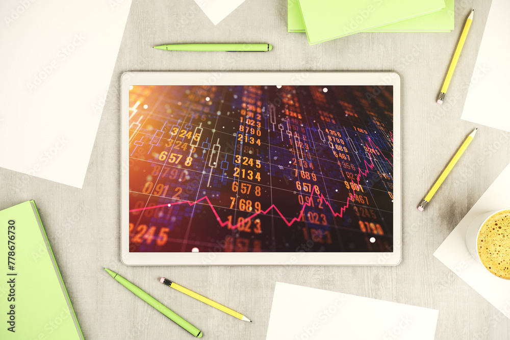 Poster Modern digital tablet monitor with abstract creative statistics data hologram, statistics and analytics concept. Top view. 3D Rendering