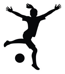 Silhouette of playing women's football schoolgirl who jumps up preparing to kick the ball with her foot