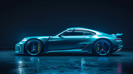 Cool blue generic sports car in a dark studio background, generative Ai