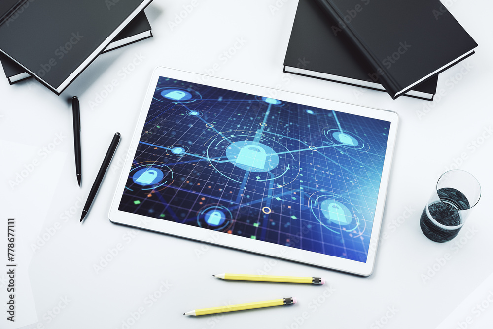 Leinwandbilder modern digital tablet display with creative light lock illustration and microcircuit, cyber security