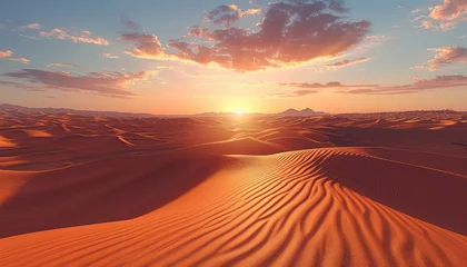 Fotobehang Desert Dunes at Dusk, Dramatic shadows cast across rolling sand dunes as the sun sets, capturing the mystery and vastness of the desert landscape © Tangtong