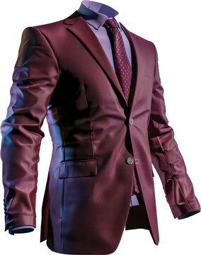 Invisible mannequin in a tailored burgundy suit with a patterned tie cut out on transparent background