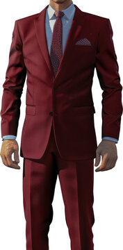 Tailored dark suit on headless mannequin with tie and leather shoes isolated cut out on transparent background