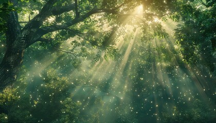 Fototapeta na wymiar Enchanted Forest, Sunlight filtering through a lush, green forest canopy, creating a magical and ethereal atmosphere